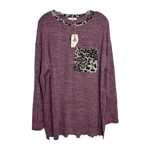Easel Long Sleeve Hacci Tunic Top Mauve Leopard Pocket Shirred Back